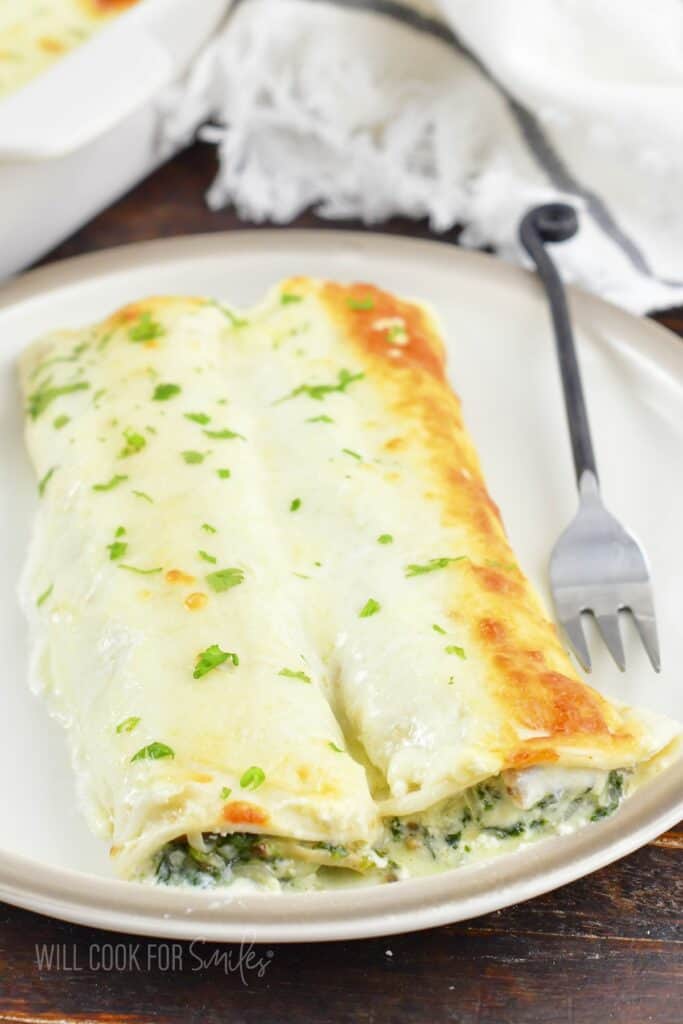 two creamy spinach and mushroom enchiladas on the plate.