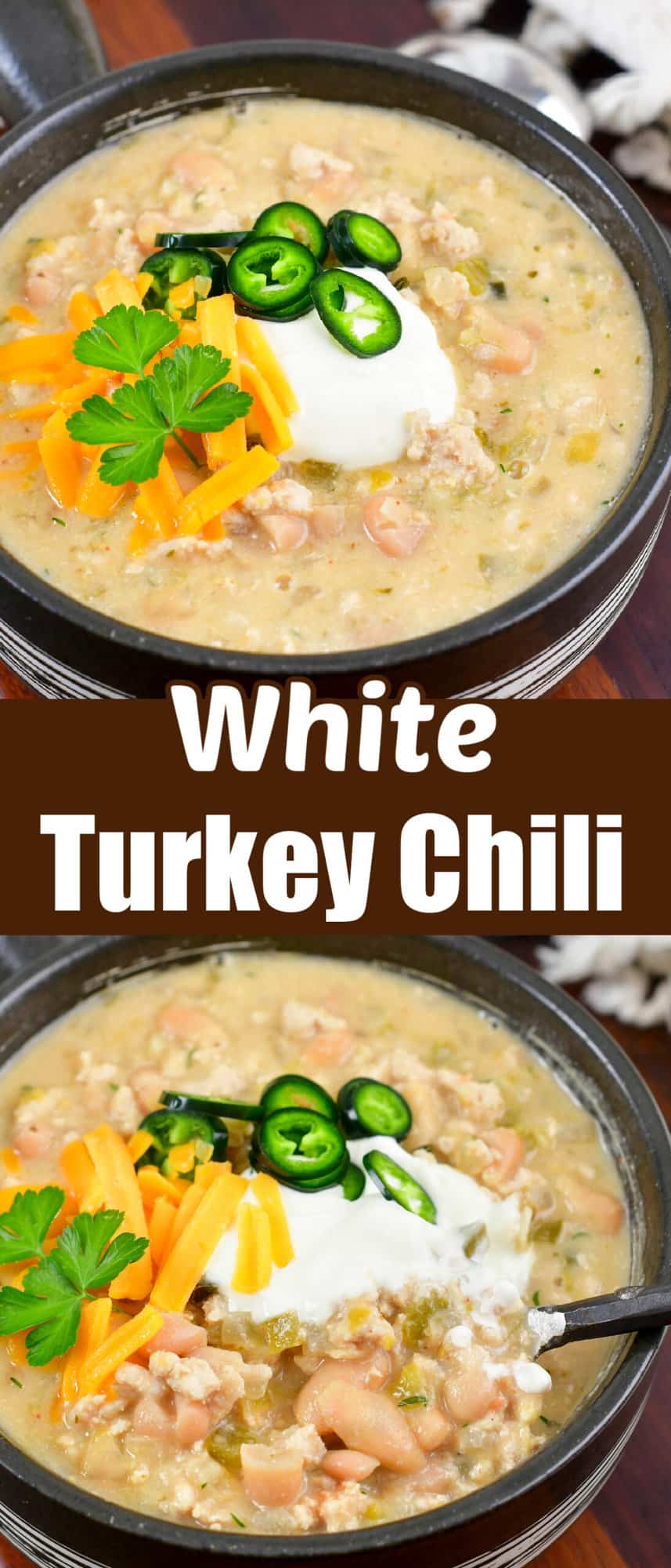 collage of two closeup images of white turkey chili in a bowl