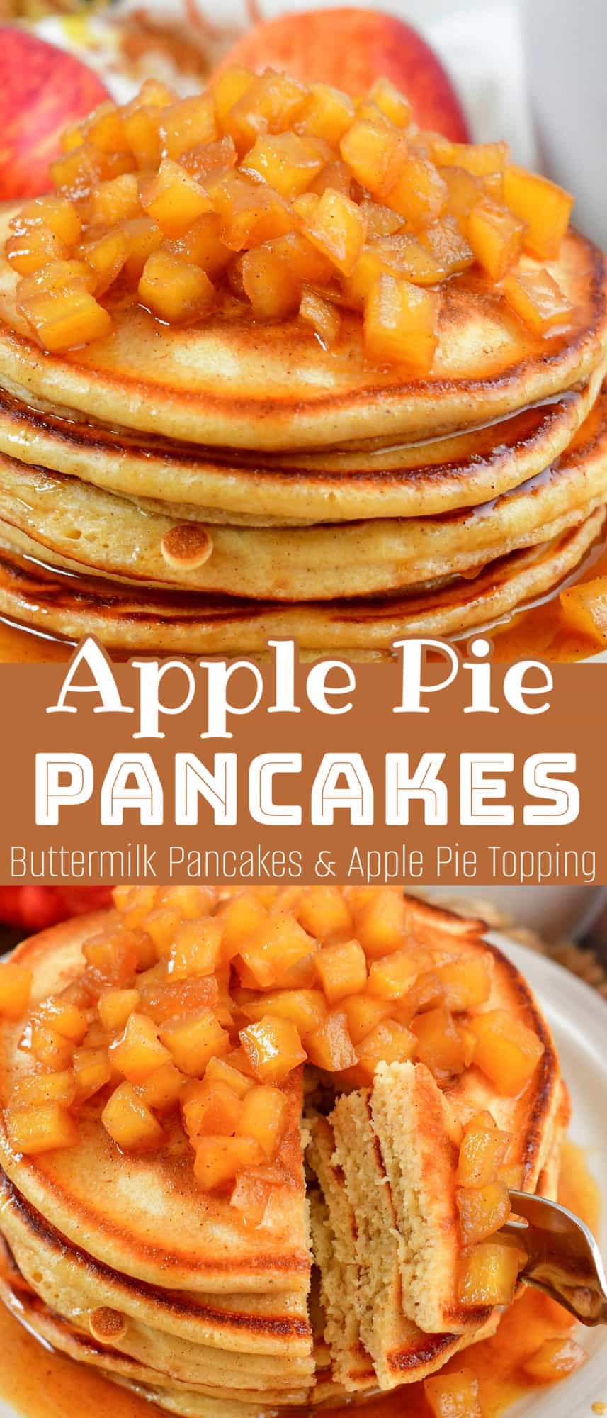 collage of closeup apple pie pancakes images and title