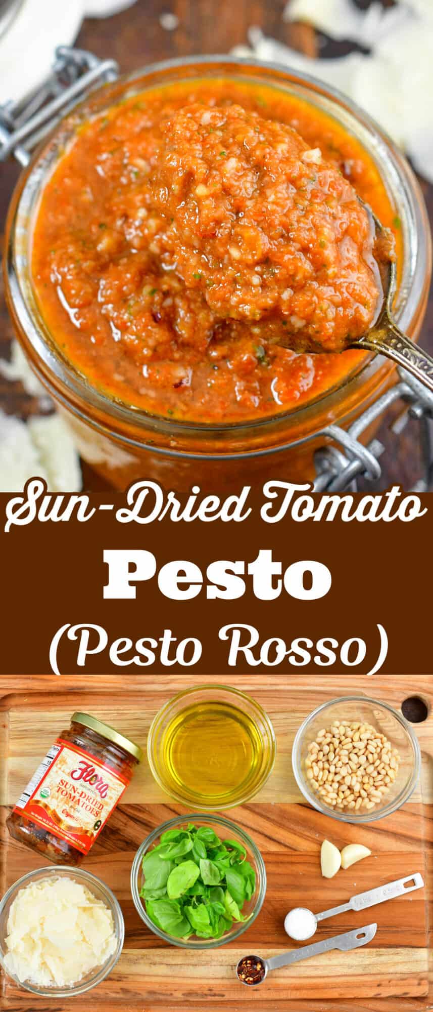 collage of closeup tomato pesto and ingredients pictures with title
