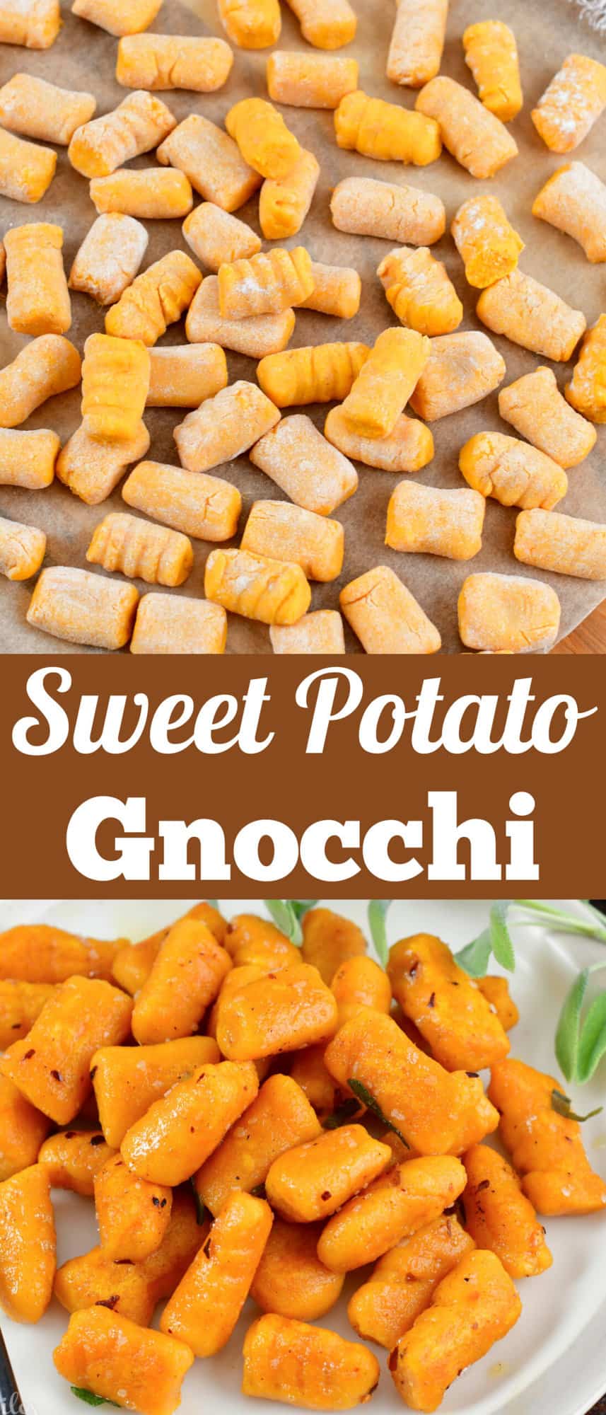collage of two images of homemade sweet potato gnocchi and cooked on a palate