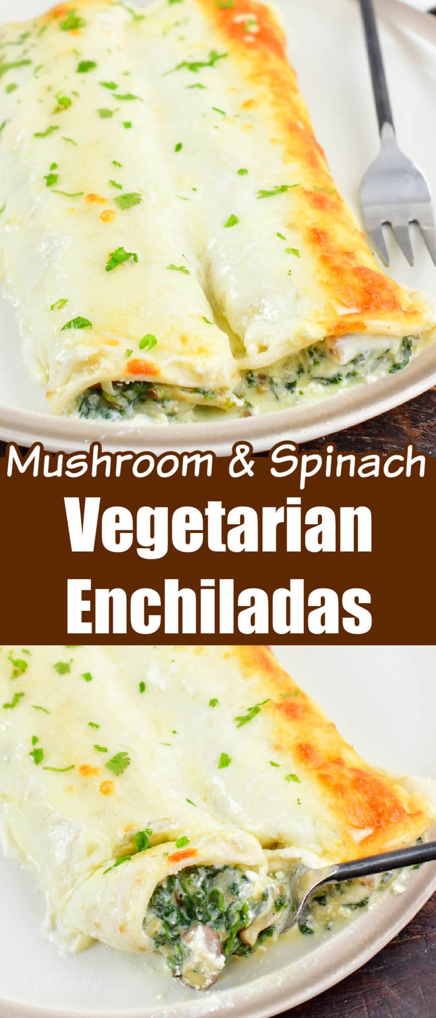 two images of two spinach vegetarian enchiladas.