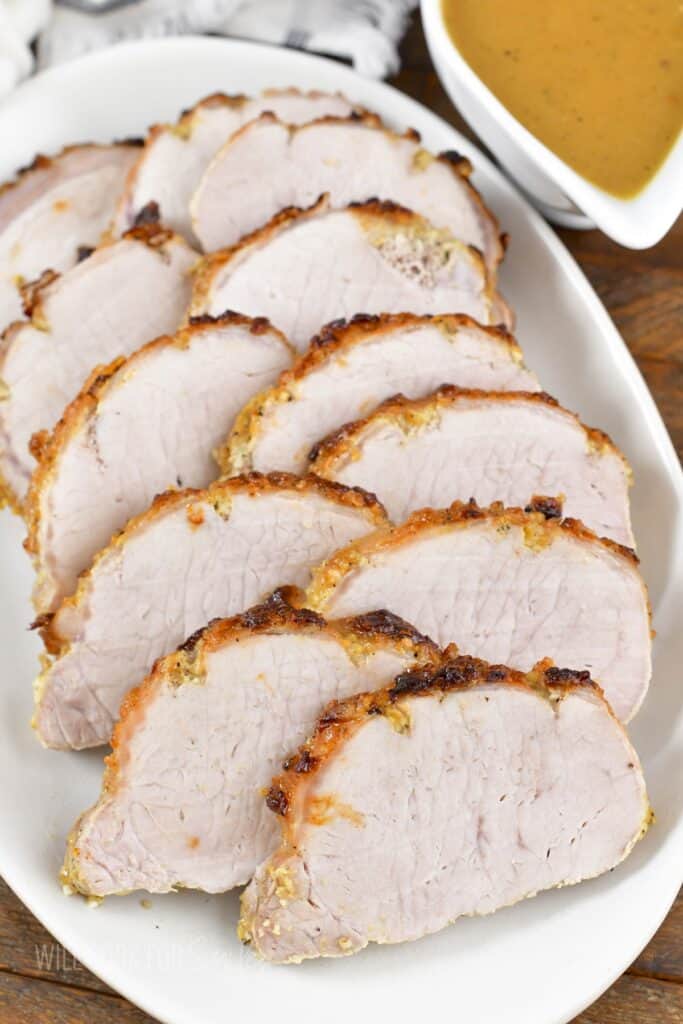 sliced pork loin on the serving plate.