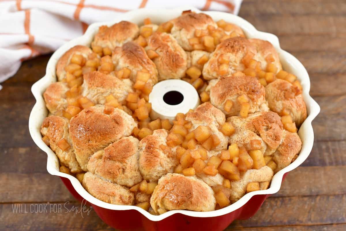 cooked monkey bread in a bundt cake pan.