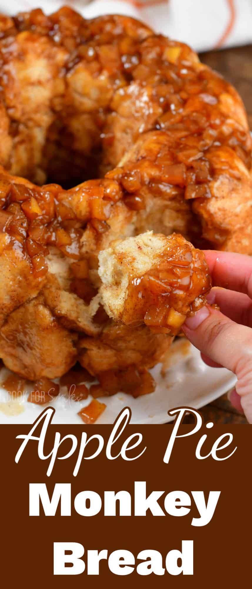 collage of closeup pulling off monkey bread and title.