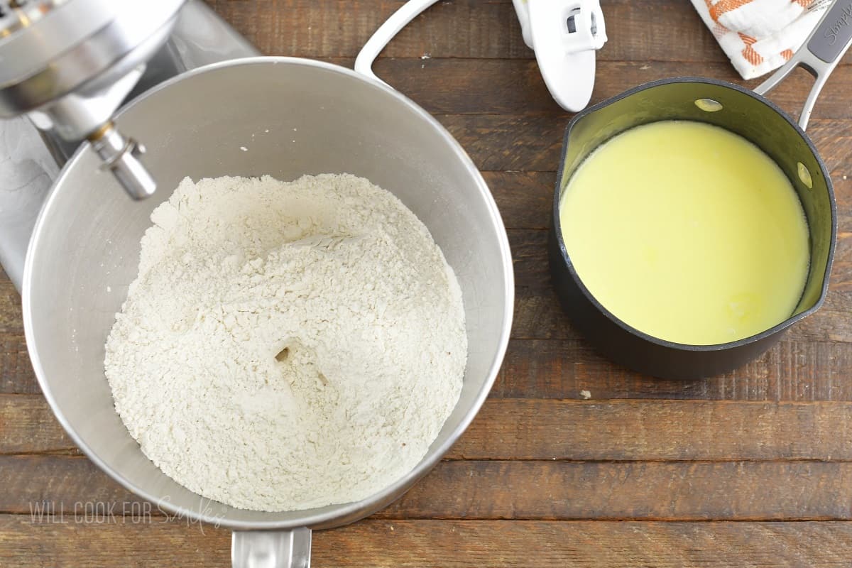 flour mixture and milk mixture in a mixer is pot.
