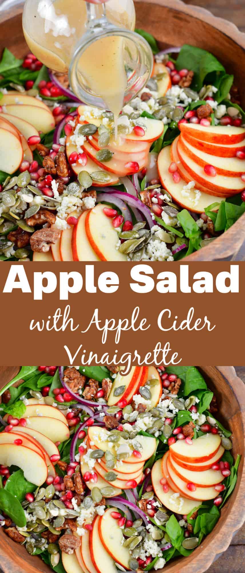 collage of apple salad pouring dressing and top view.