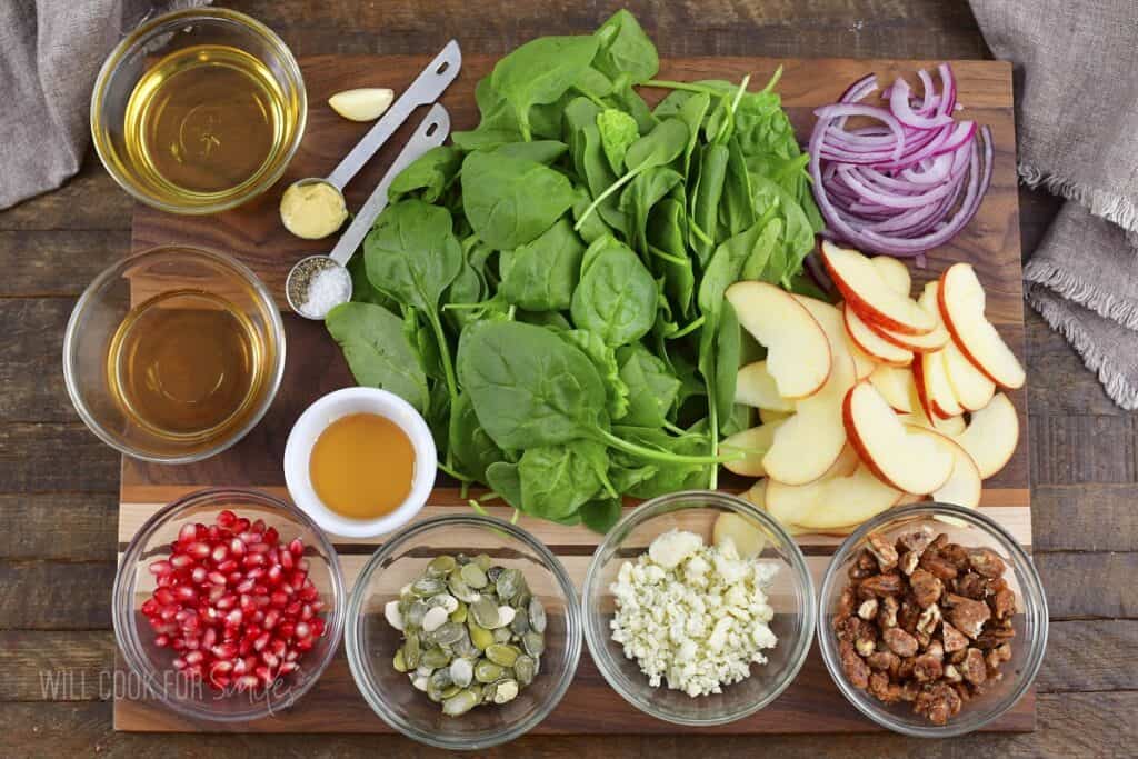 ingredients to make apple salad and vinaigrette.