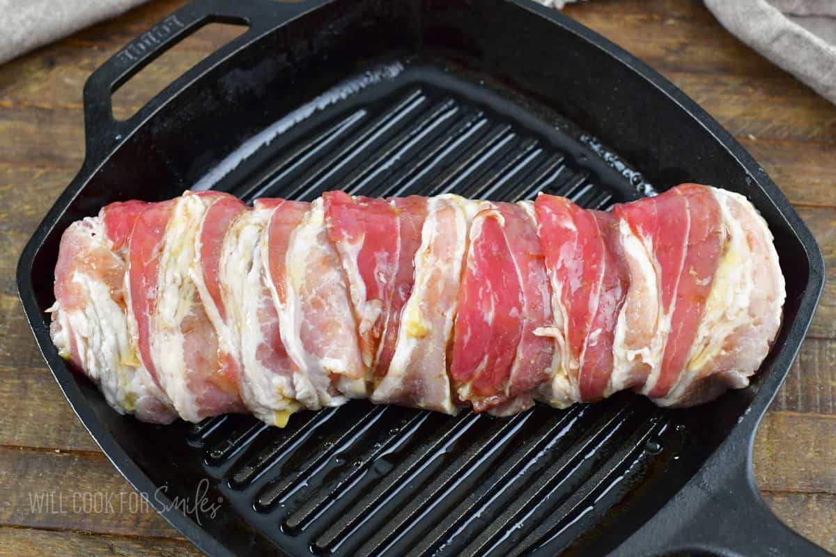 bacon wrapped pork with honey ready to bake.