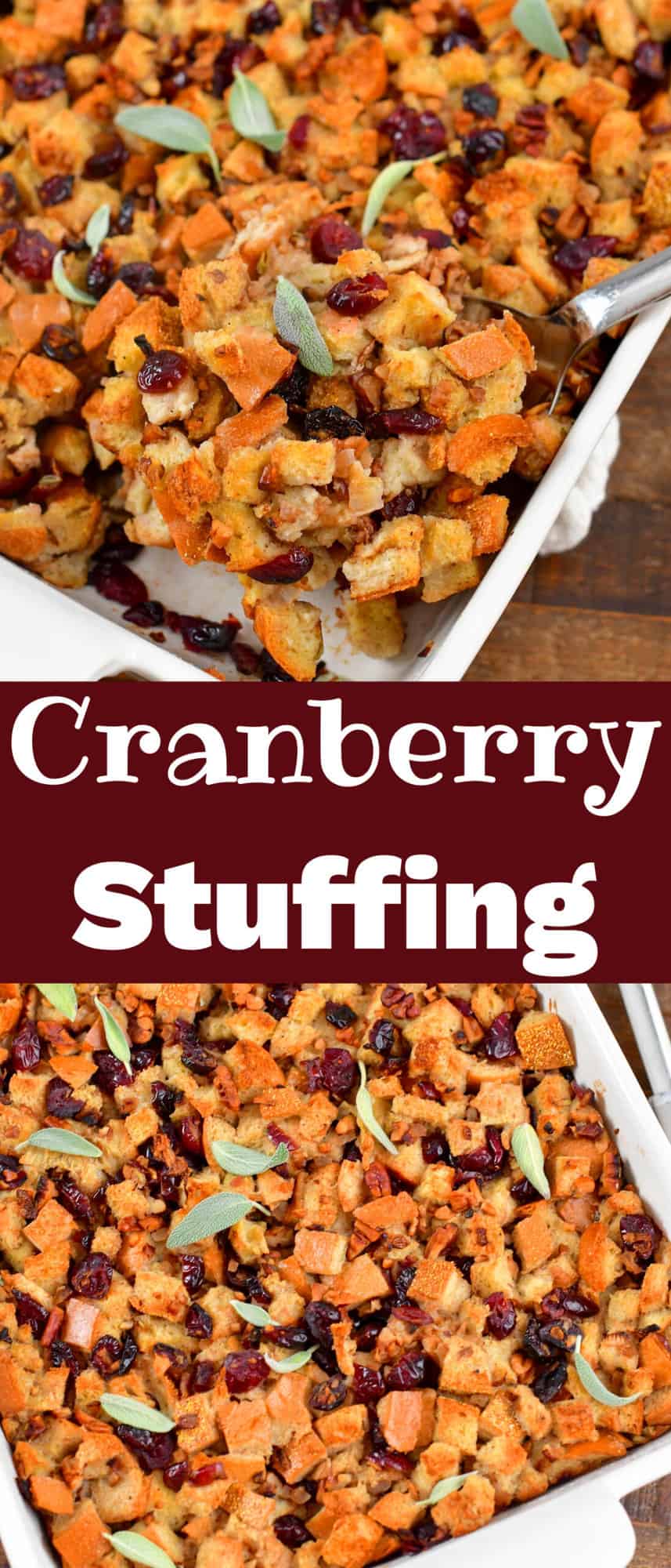 collage of two close images of cranberry stuffing and title.