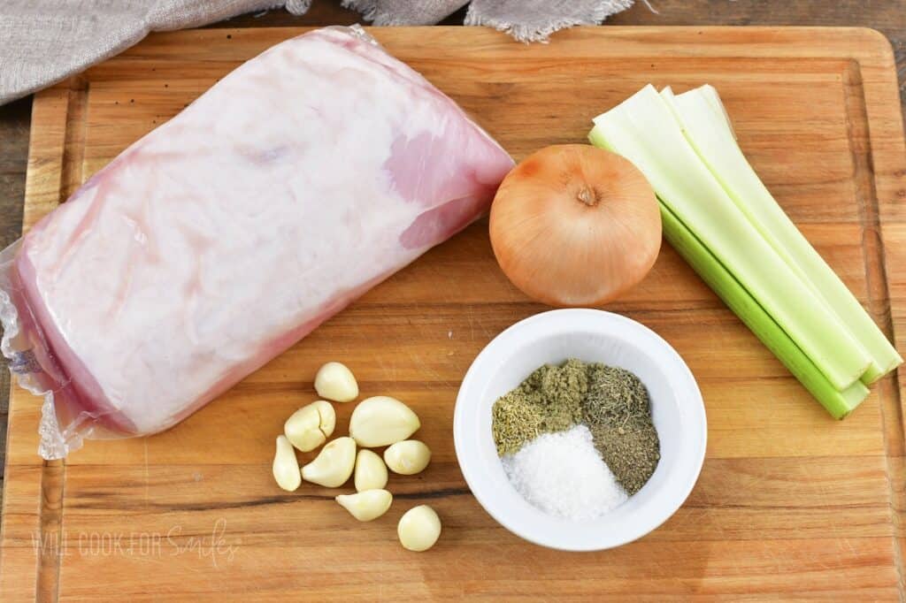ingredients for garlic pork loin on the cutting board.