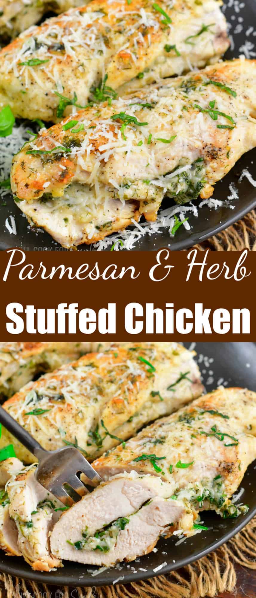 collage of closeup images of stuffed chicken and sliced chicken.