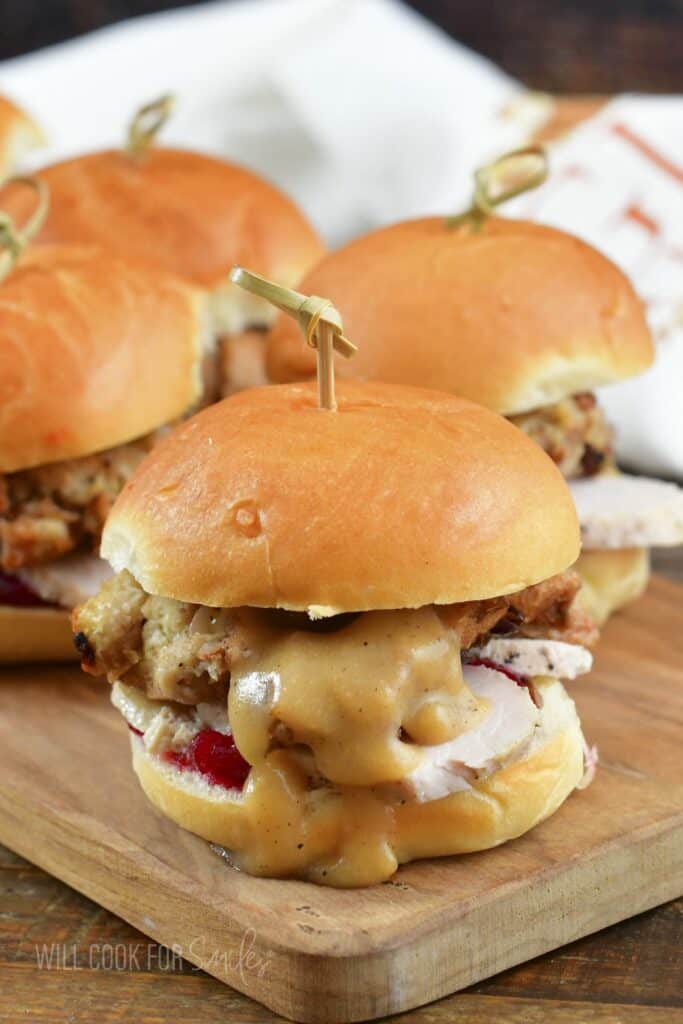 closeup side view of leftover turkey slider.