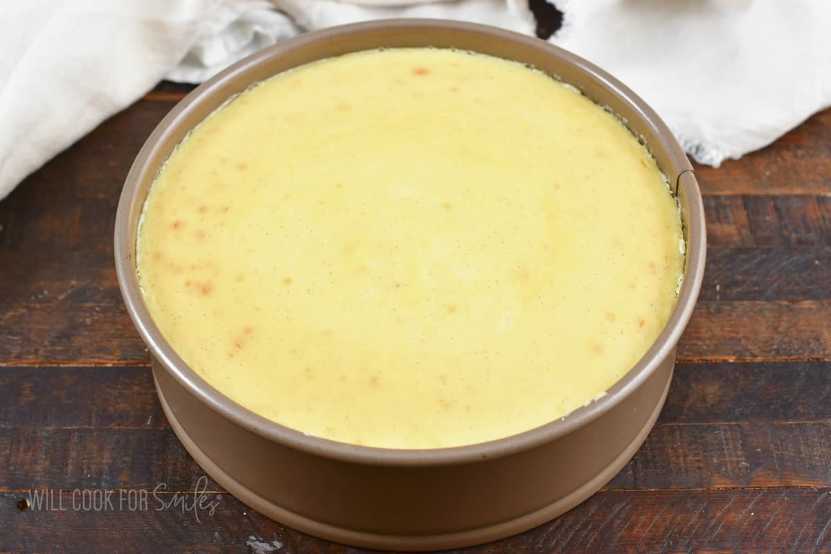 baked cheesecake in the brown springform.
