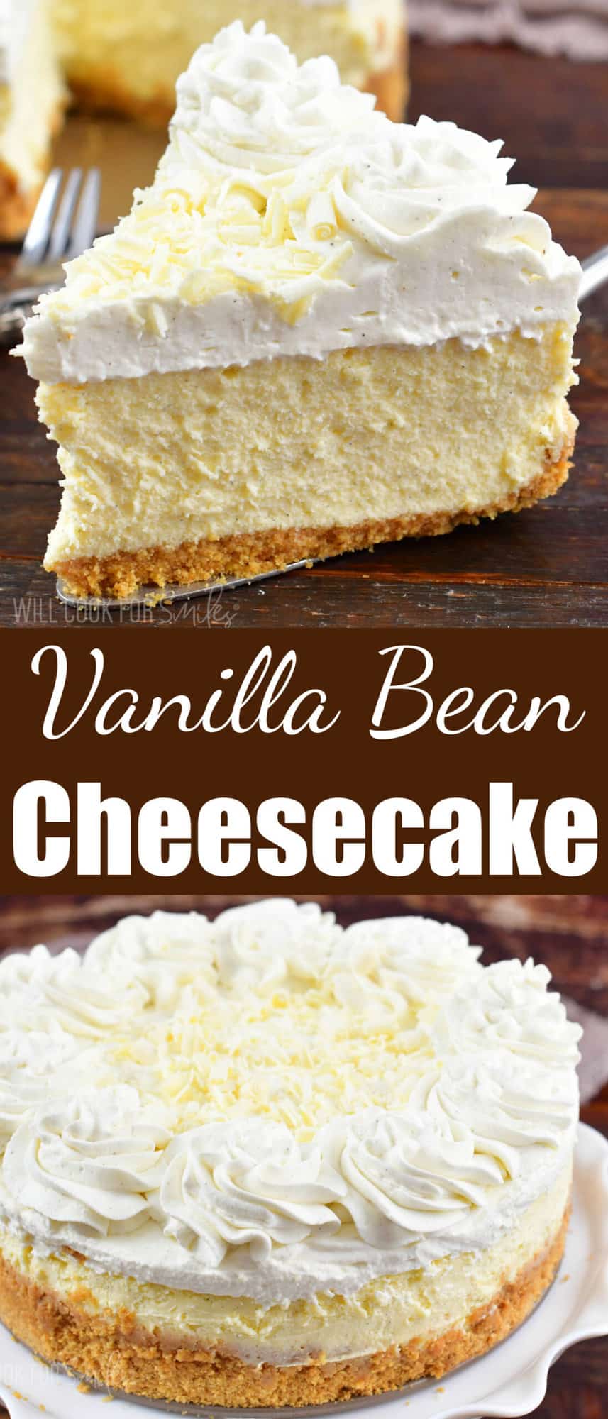 collage of two views of slice of cheesecake and whole cheesecake.