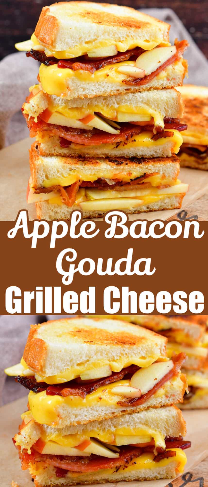 collage of two images of grilled cheese with bacon and apple up close.