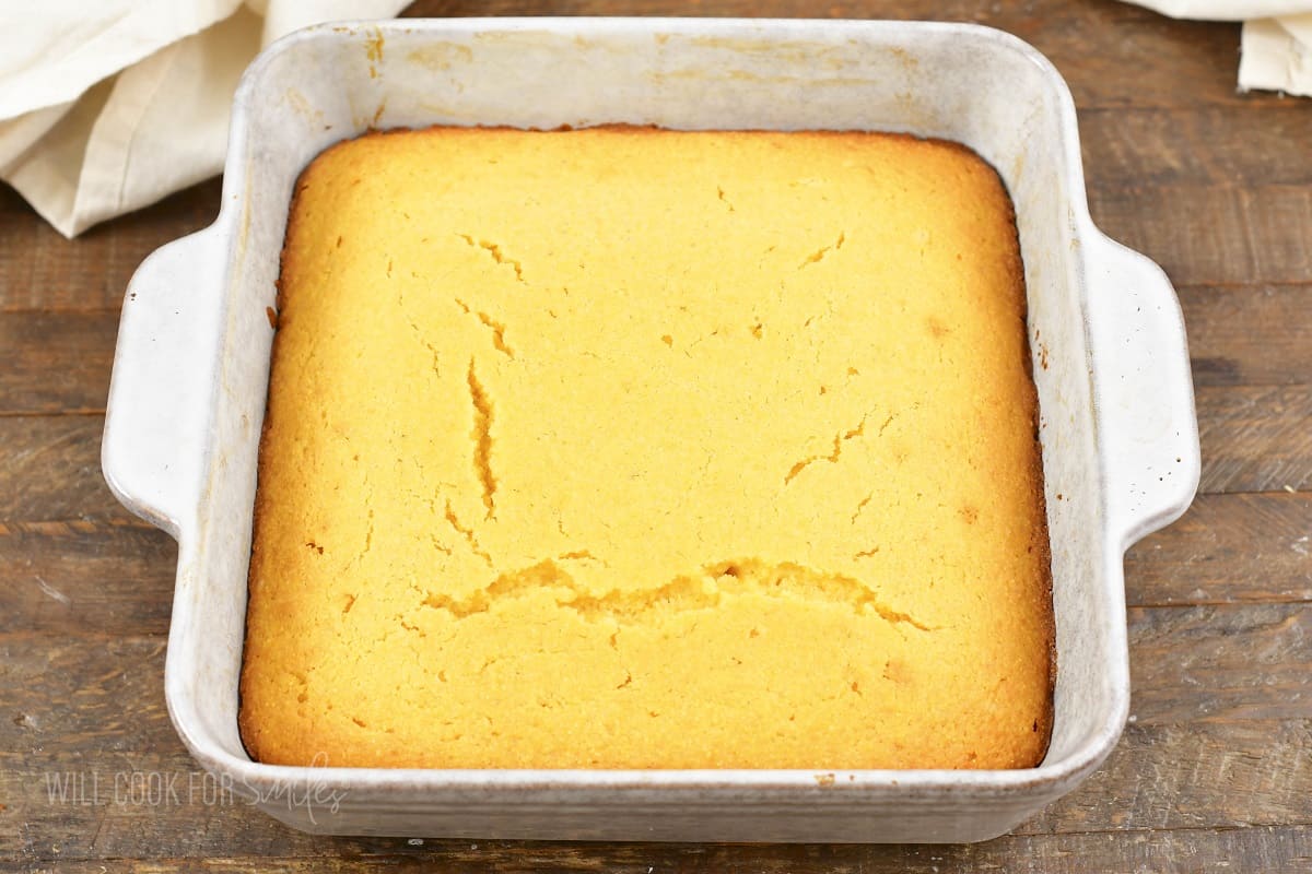 baked cornbread in a baking dish.