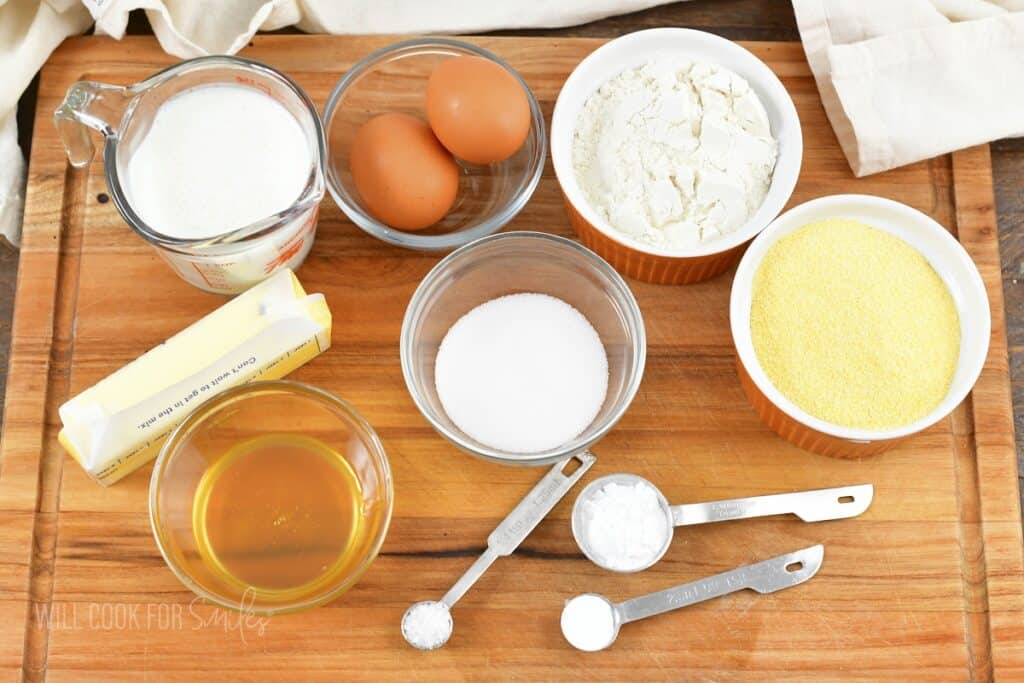 ingredients for cornbread on the cutting board.