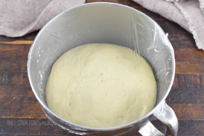raised dough in a large mixing bowl covered in plastic.