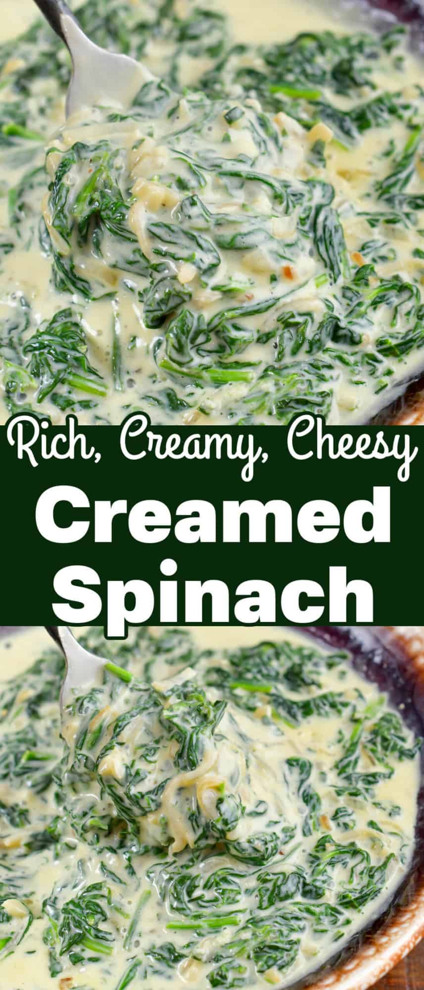 collage of two images of closeup creamed spinach and spooning out.