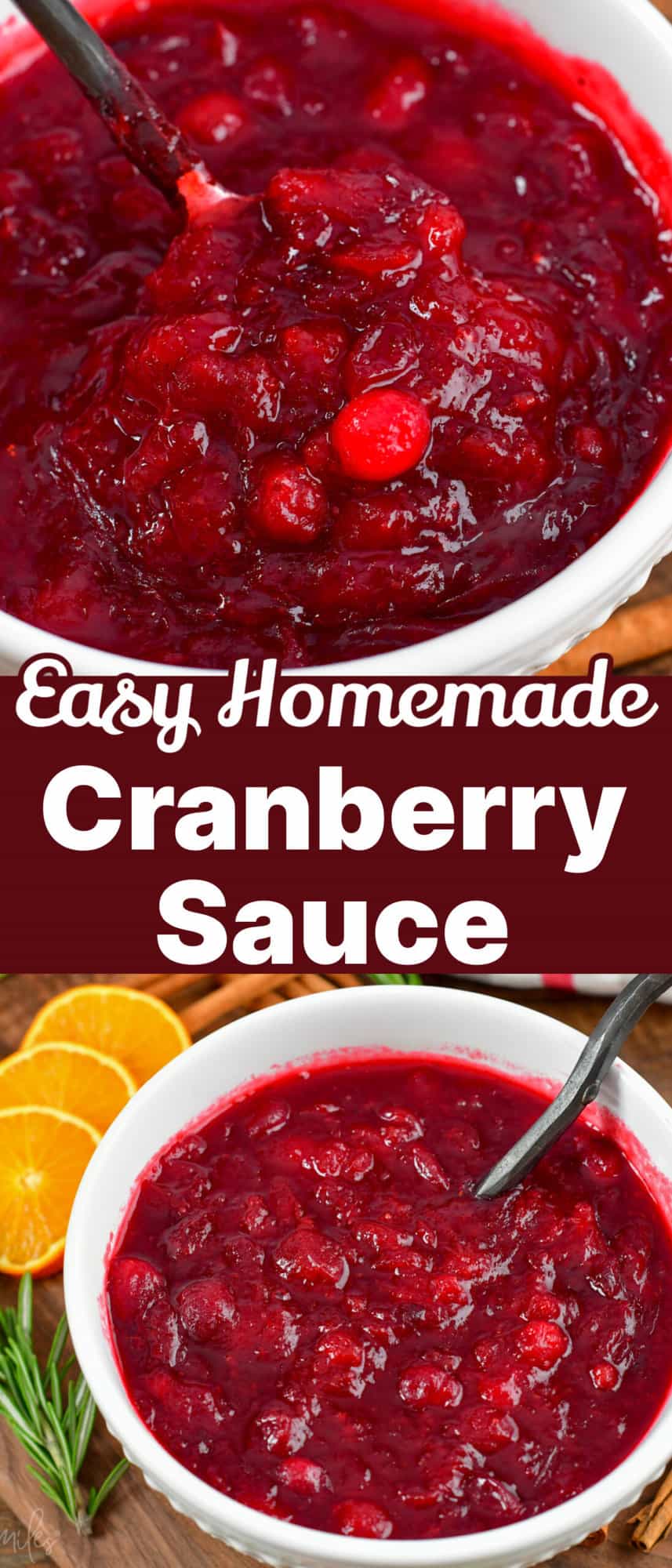 collage of two closeup images of cranberry sauce in white bowl.