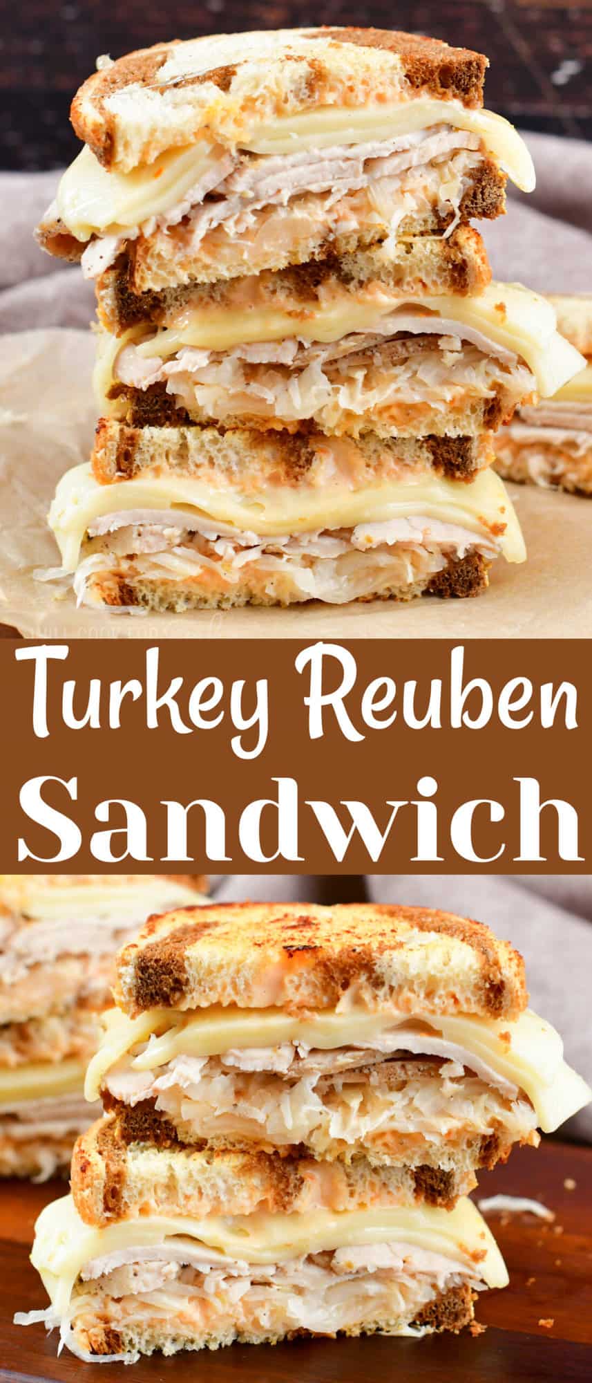 collage of stacked turkey Rueben images up close and title