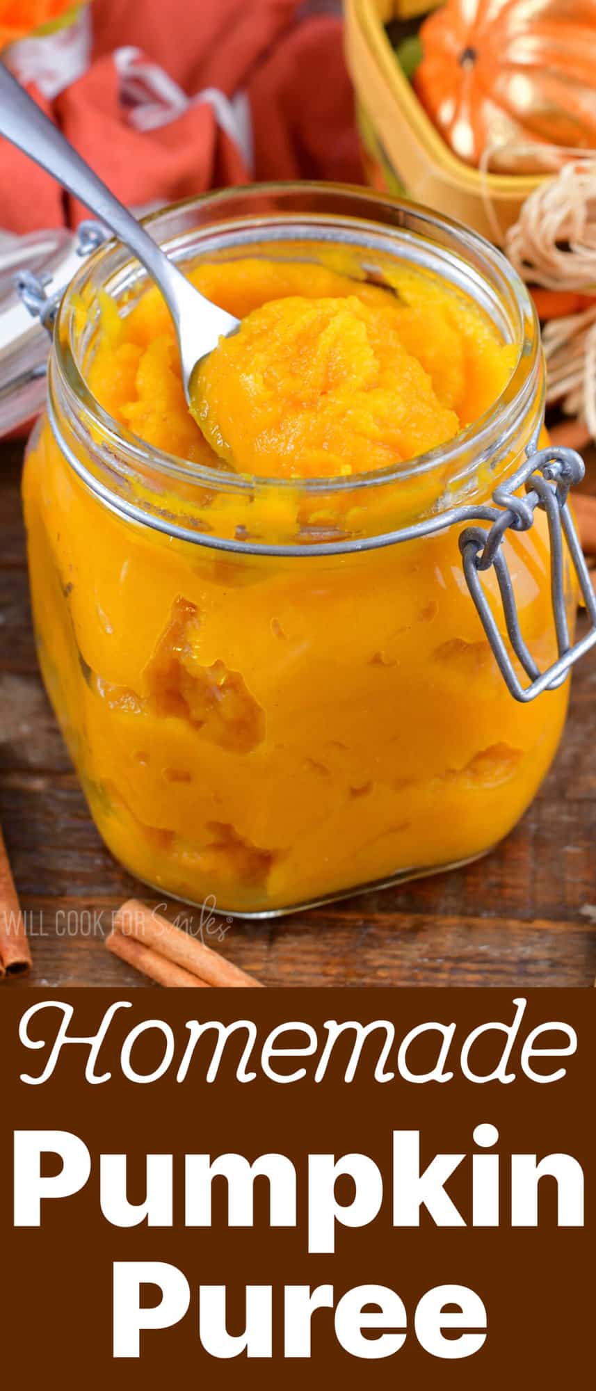 pumpkin puree in a glass jar with a spoon and title below.