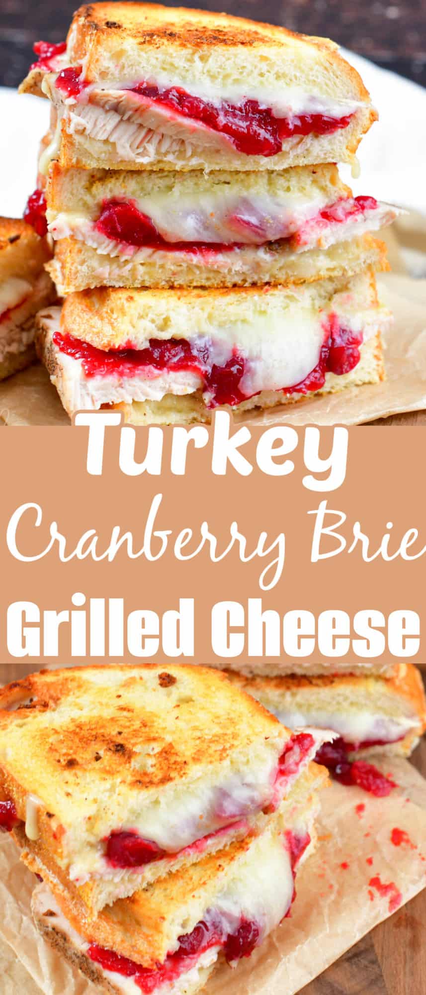 collage of two images of closeup turkey cranberry grie grilled cheese and title.