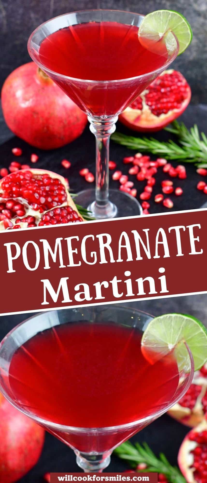 collage of two images of pomegranate martini and title.