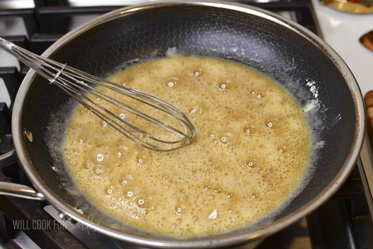 butter and flour simmering in the pan.