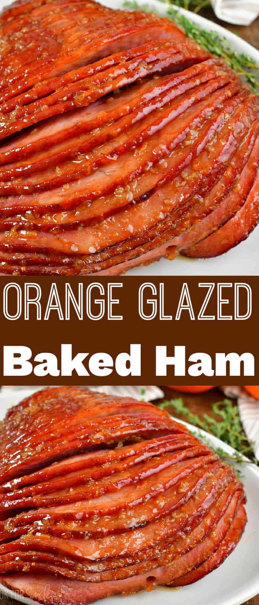 collage of baked ham with orange honey ham glaze and title.