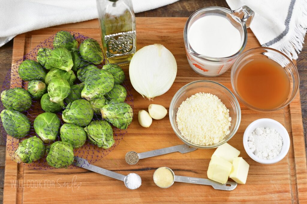 ingredients to make creamy parmesan brussels sprouts.