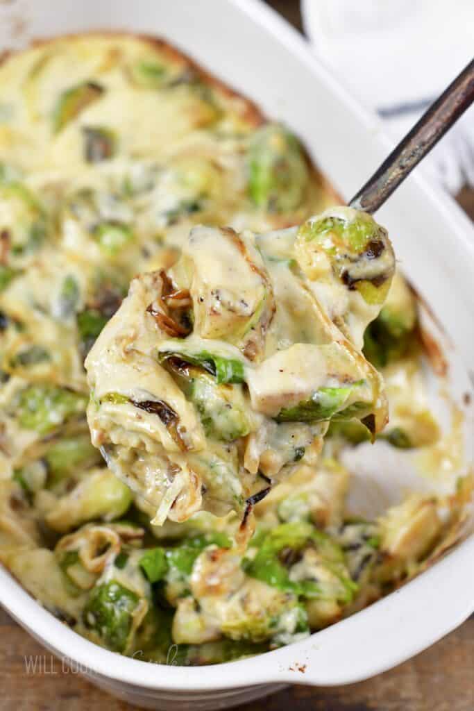 creamy brussels on a ladle out of the baking dish.