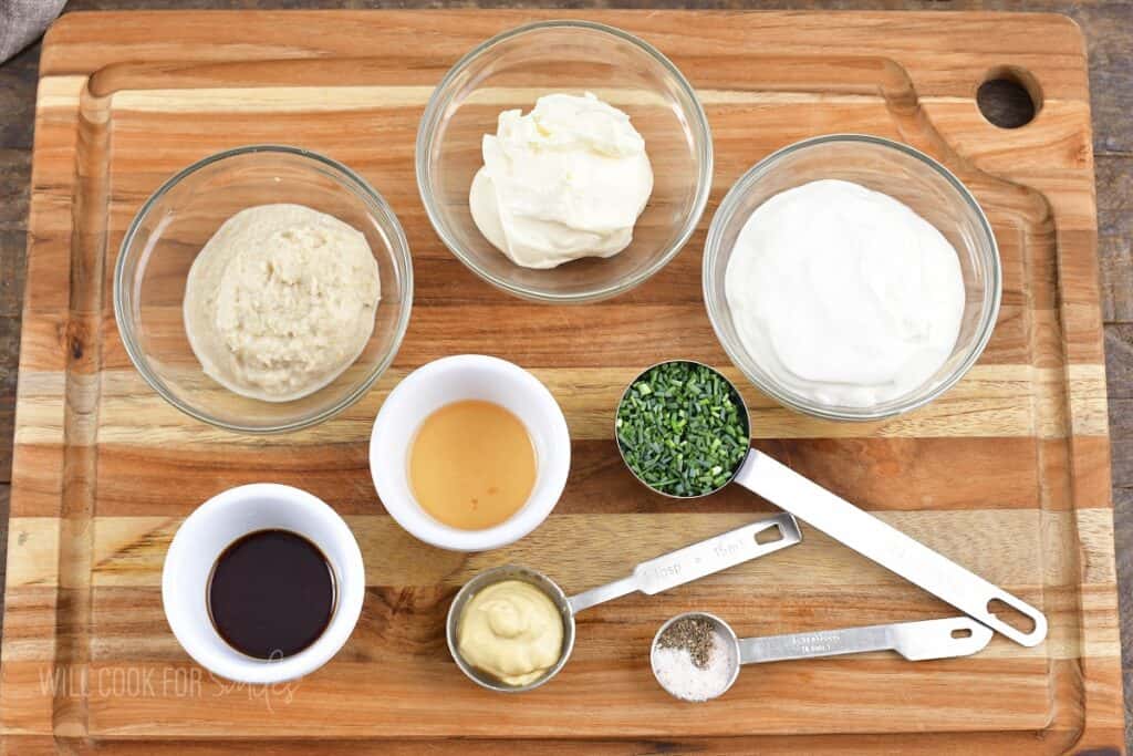 ingredients for horseradish sauce on the board.