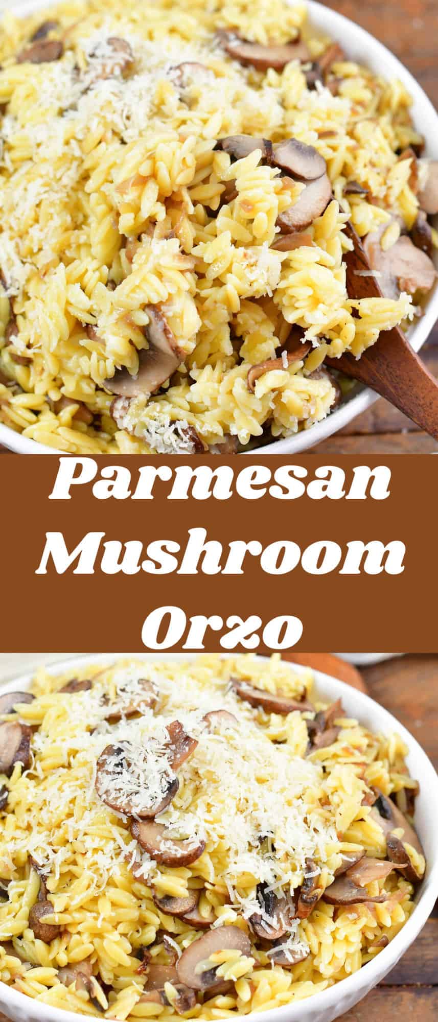 collage of two closeup images of mushroom parmesan orzo and title.
