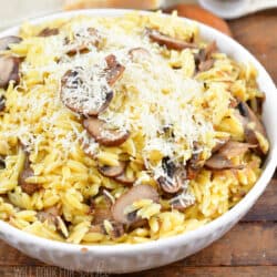 centered image of parmesan mushroom orzo in a white bowl.