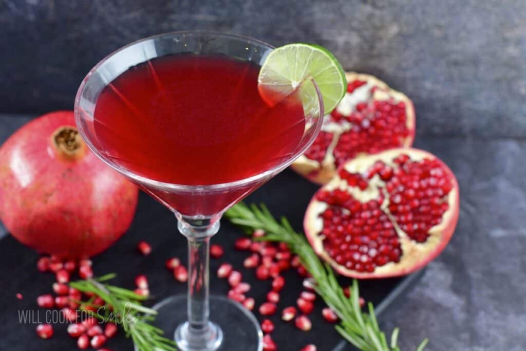 closeup of the martini glass with bright red martini.