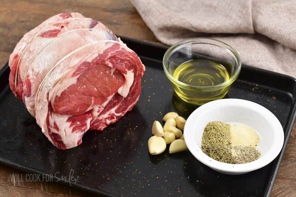 ingredients to make prime rib on the sheet pan.