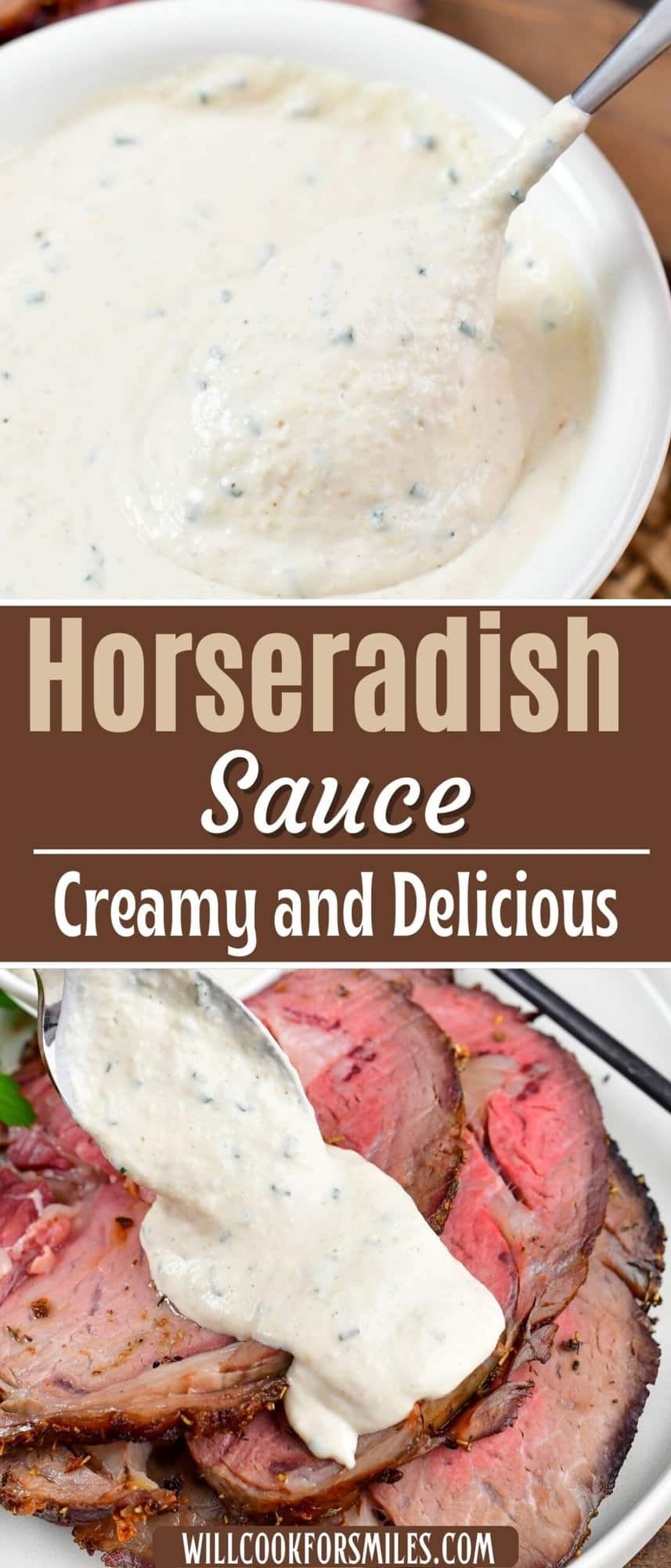 collage of two images of horsey sauce in a bowl and on prime rib.