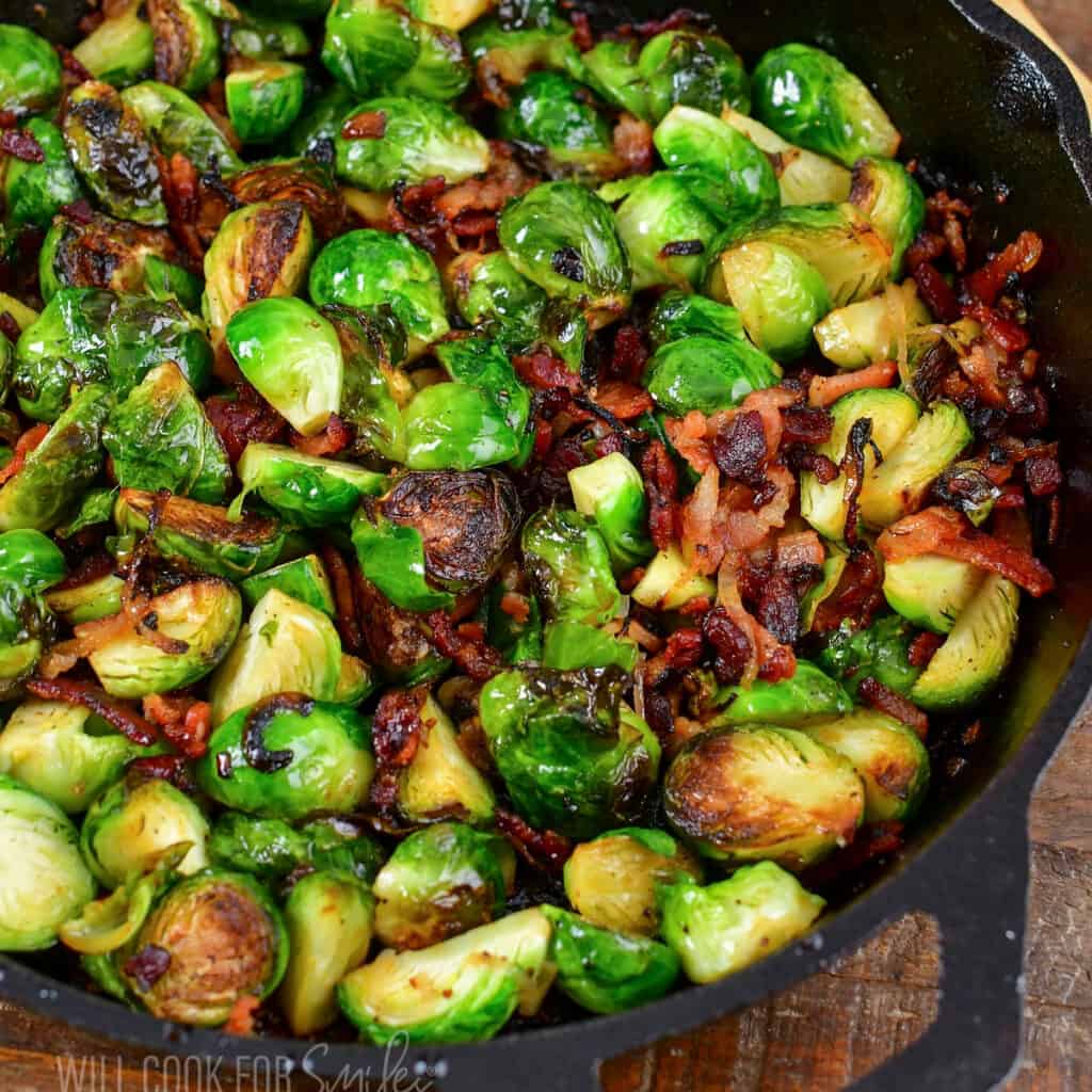 Pan Roasted Brussels Sprouts With Bacon, Shallots, and Honey