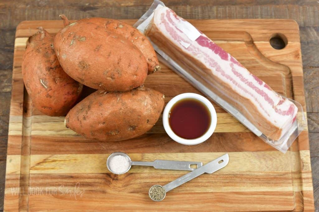 ingredients for roasted sweet potatoes on the board.