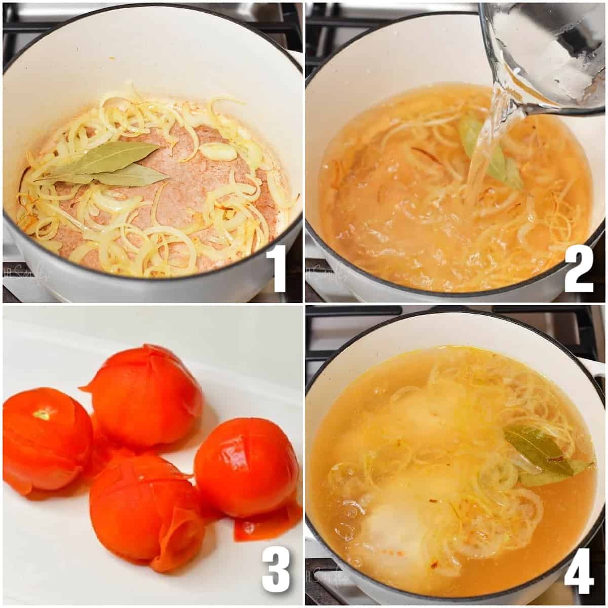 collage of four images of cooking veggies and chicken for chicken broth and tomatoes.