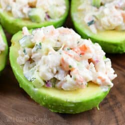 closeup to one shrimp salad stuffed avocado.