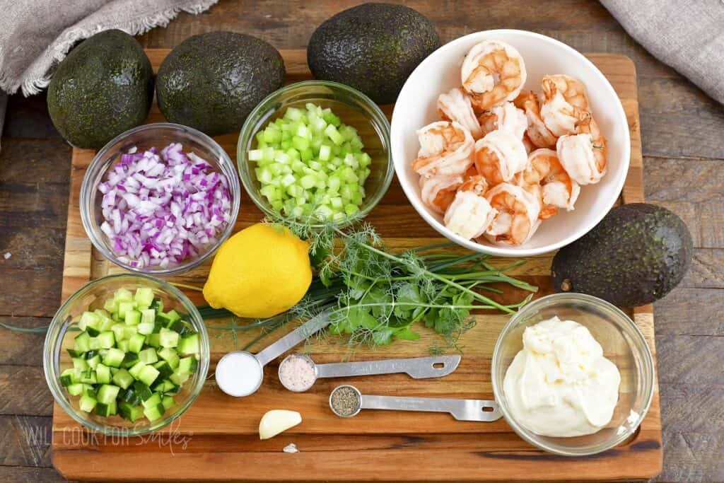 ingredients for avocados stuffed with shrimp salad.