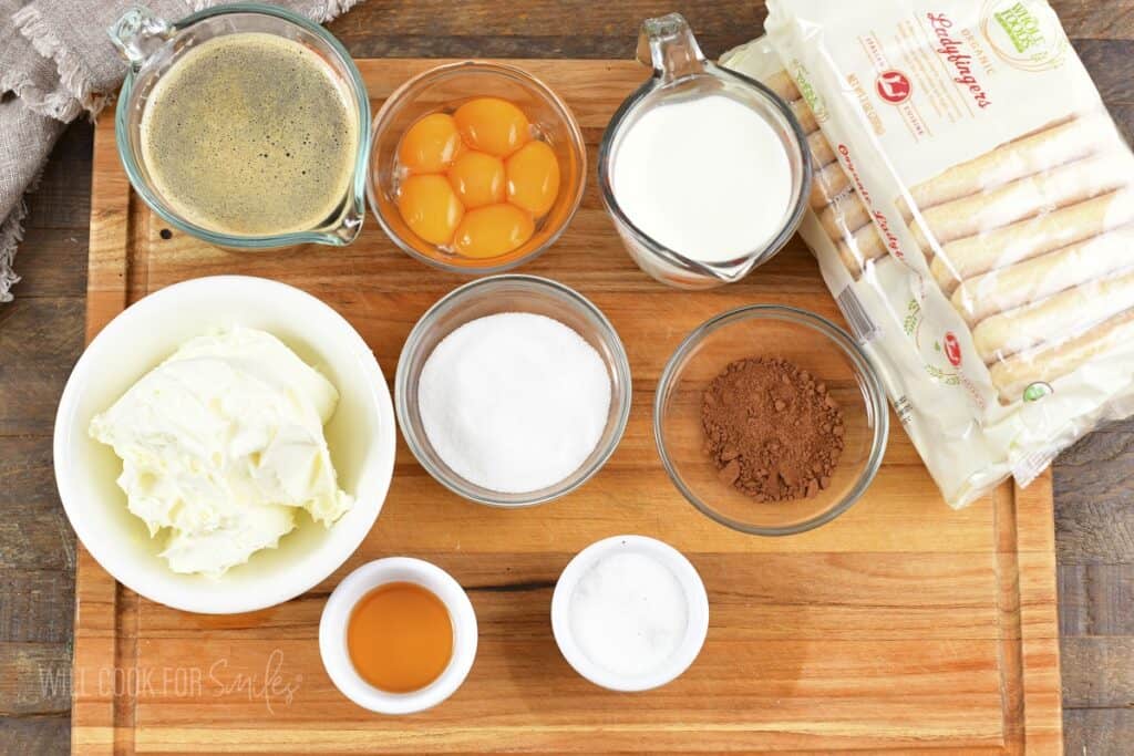 ingredients for tiramisu on the wooden board.