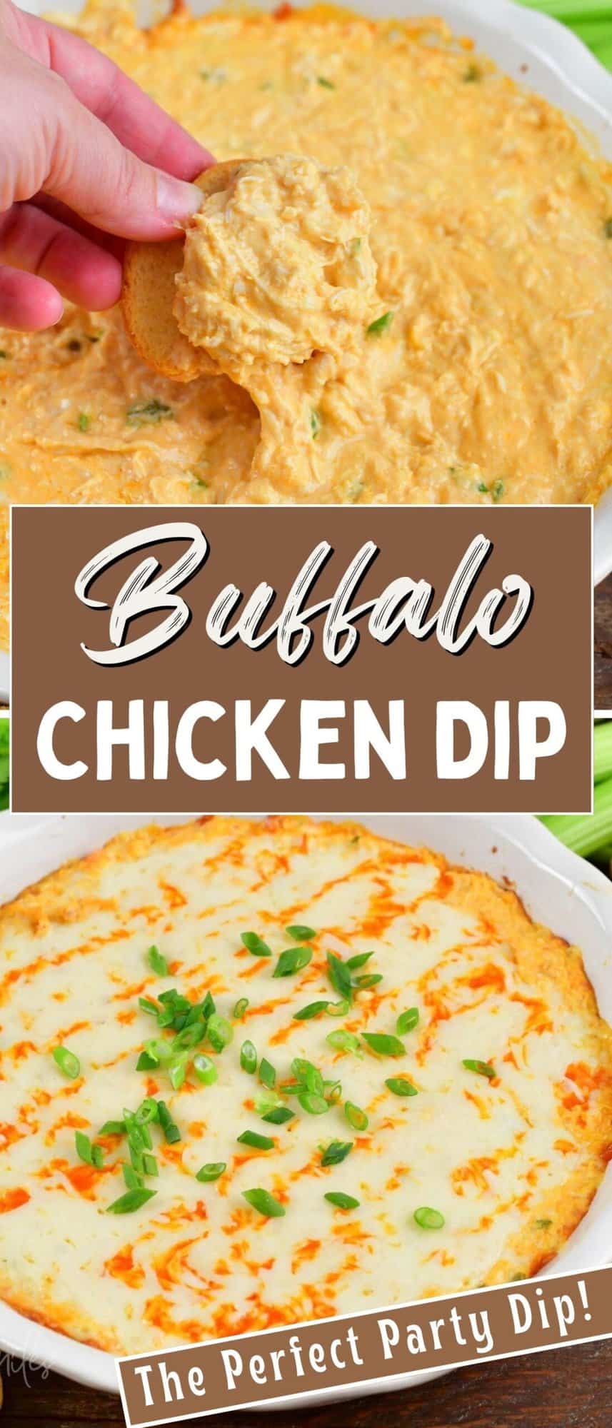 collage of two images of buffalo chicken dip and title.