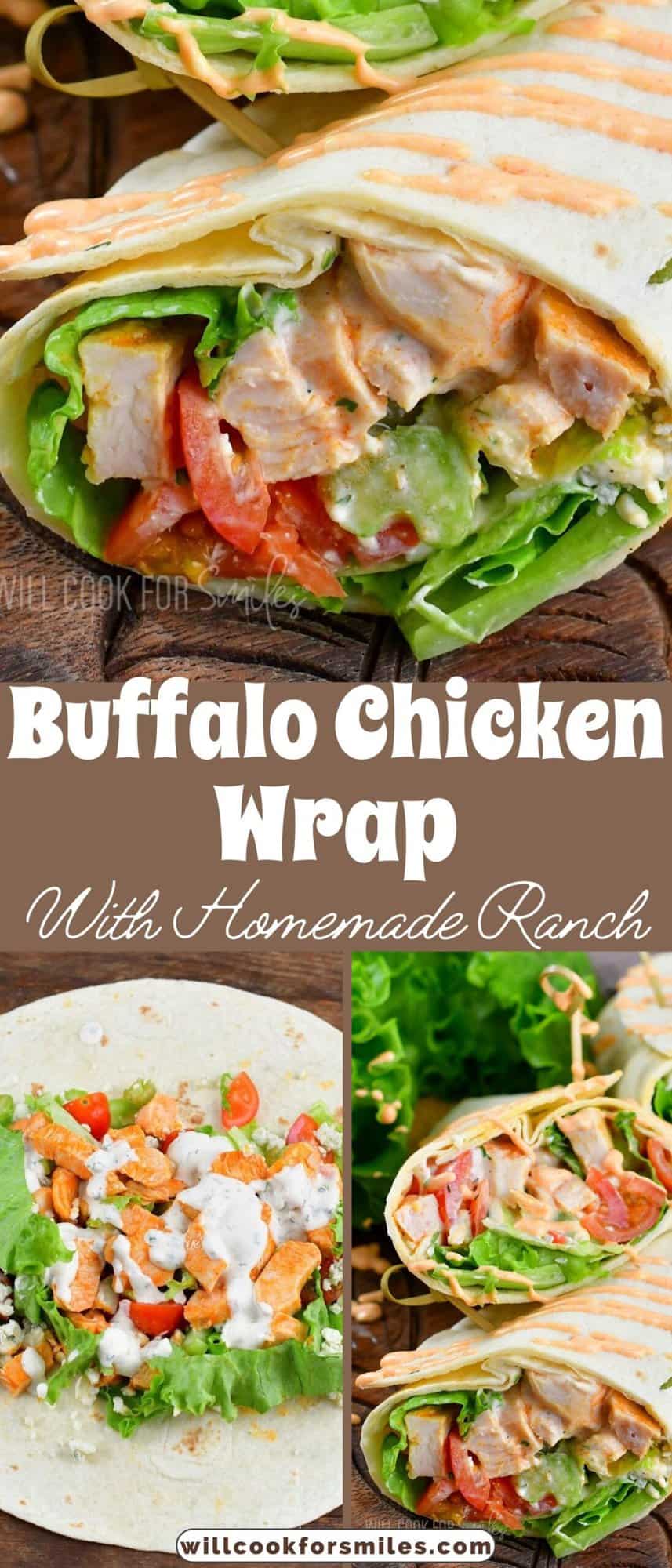 collage of three images of buffalo chicken wrap and title.