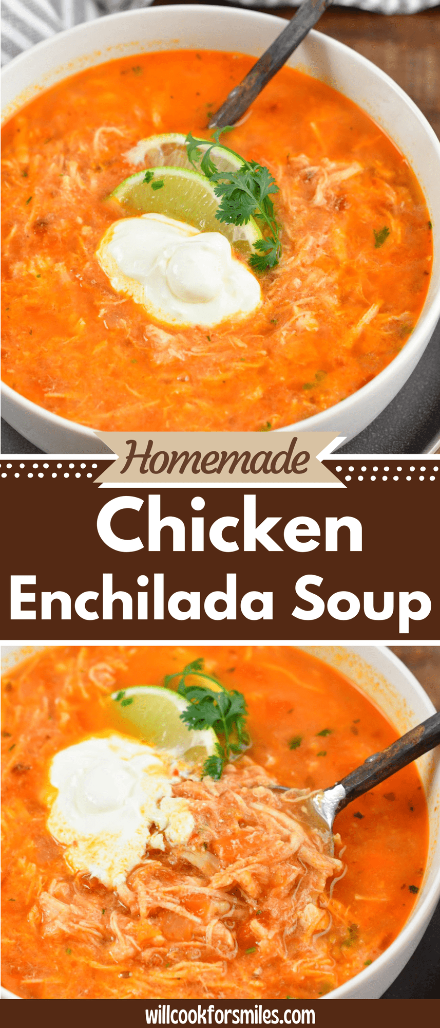 collage of two chicken enchilada soup images and title.