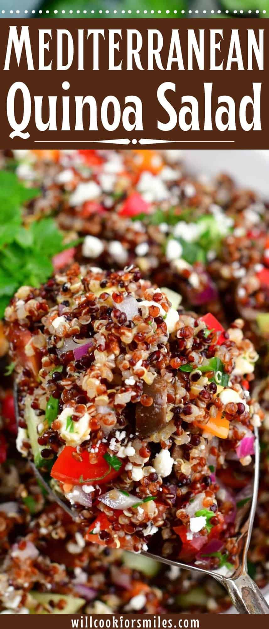 collage of closeup quinoa salad in a spoon and title.