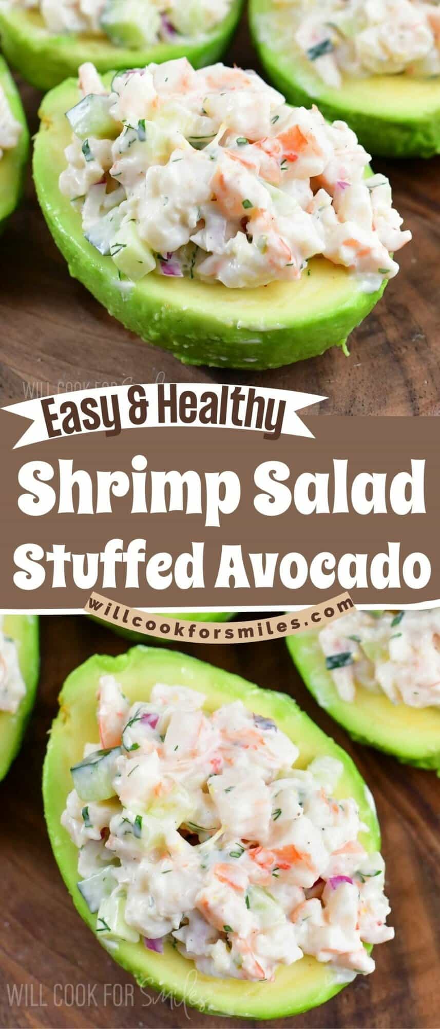 collage of two images of shrimp salad stuffed avocados and title.